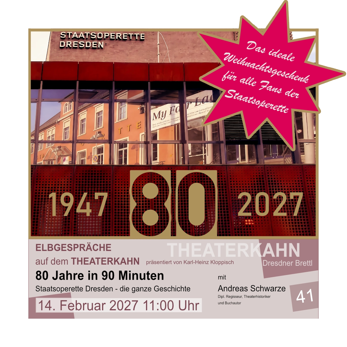 Werbung für die Veranstaltung 80 Jahre in 90 Minuten auf dem Theaterkahn am 14.2.2027